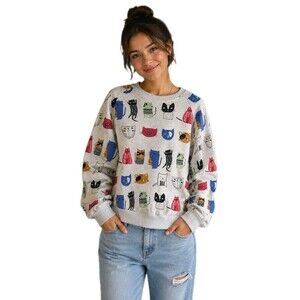 SM Wardrobe Sweater Size 2X  Gray All Over Cat Print Thick Crew Neck Novelty